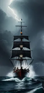 Majestic ship sailing in a dramatic storm with dark clouds and lightning.