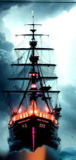 Dramatic ship sailing through a dark, stormy sea with vibrant lights glowing.