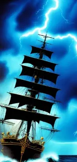 Ship braving a lightning storm at sea with dramatic blue hues and dark clouds.