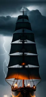 Sailing ship amid storm with lightning and dark clouds.