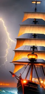 Ship braves storm with lightning overhead.