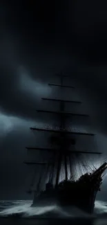 Majestic ship sails through a dark, stormy sea under ominous clouds.