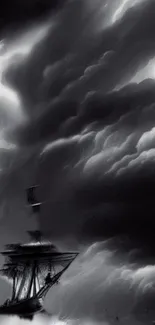 Historic ship navigating through dark stormy clouds, black and white.