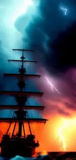 A ship sails through a vivid, lightning-filled storm on the ocean.