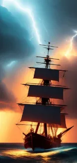 Ship sailing in a storm with lightning in the dark sea.