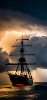 Ship sailing through storm with lightning in dark night sky.