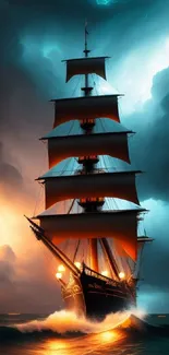 Majestic ship sailing through stormy seas with dramatic lighting and dark clouds.