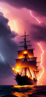 Majestic ship sails through lightning storm at night.