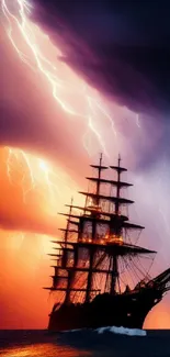 Majestic ship under dramatic lightning sky.