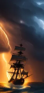 Ship navigating dramatic storm with lightning and dark clouds.