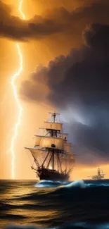 Old ship against lightning and stormy ocean backdrop.