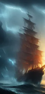 A dramatic ship sailing through a storm with lightning and a fiery sunset.