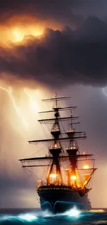 Majestic ship sails through a lightning-filled thunderstorm over a dark ocean.