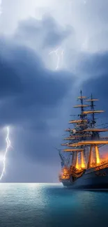 Sailboat illuminated by lightning on a stormy sea, blue and dramatic visual effect.