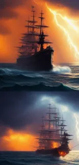 Sailing ship amidst stormy ocean with lightning strikes, creating a dramatic scene.