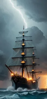 Ship in a storm with lightning and dark clouds on a mobile wallpaper.