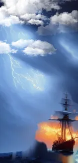 Sailing ship in stormy ocean with lightning and fiery horizon.