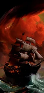 Classic ship sails under fiery red skies in a turbulent ocean scene wallpaper.