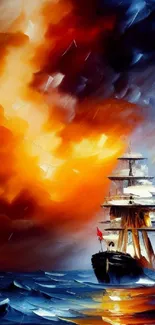 A ship battles vibrant orange and blue seas in dramatic artwork.