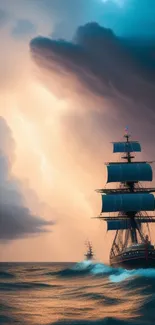 A ship sails through a stormy sea under dramatic skies with lightning overhead.