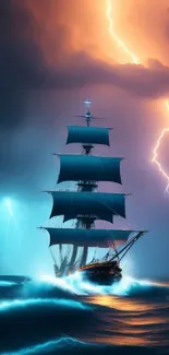 Ship sails through stormy sea under bright lightning.