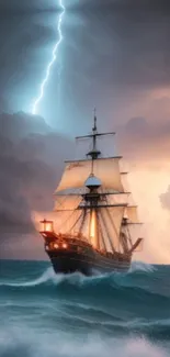 Majestic ship sails stormy seas under dramatic skies and lightning.