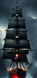 Tall ship sailing through stormy seas under dark clouds.