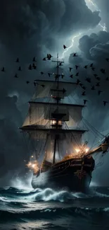 Dramatic ship braves stormy seas with dark clouds and lightning.