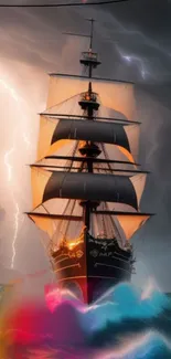 Majestic ship sailing through a storm with lightning and vibrant ocean colors.