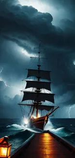 Ship sailing through stormy ocean with dramatic lightning and dark clouds.