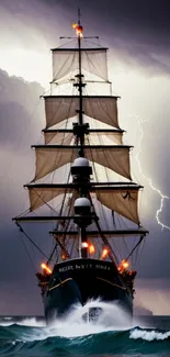 Dramatic ship sailing through a storm with lightning in the background.