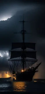 Dramatic silhouette of a ship under dark, stormy skies with glowing ocean reflection.