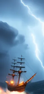 Ship sailing under storm with lightning in the sky.