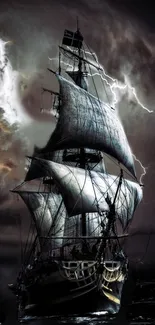 Majestic ship under stormy skies with lightning in dramatic mobile wallpaper.