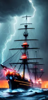 Majestic ship sailing through a lightning storm on the ocean.