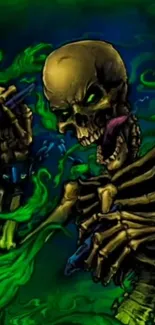 Skeleton in vibrant green smoke wallpaper art.