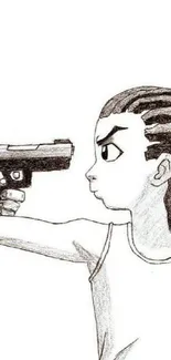 Black and white sketch of a character with a gun, minimalist style.