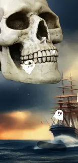 Skull looming over ship at sea in dramatic wallpaper.