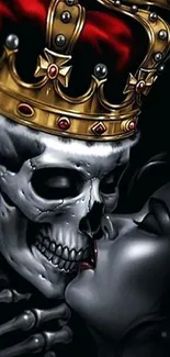 Dramatic skull with crown kissing figure in gothic art style.