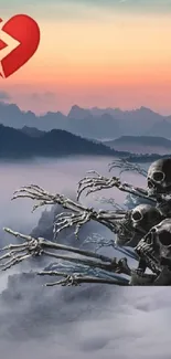 Skull art with heart over misty mountains.