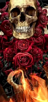 Mobile wallpaper with skulls, red roses, and fire.