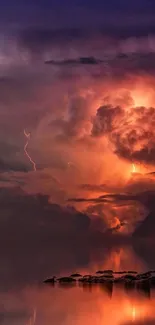 Vivid sunset sky with fiery clouds and lightning above a calm water surface.