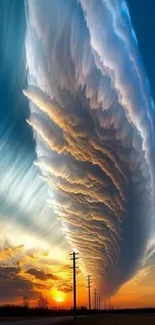 Dramatic cloud formations at sunset over open landscape.