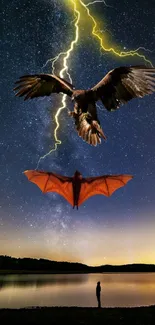 Fantasy sky wallpaper with eagle, bat, and lightning over a lake at night.