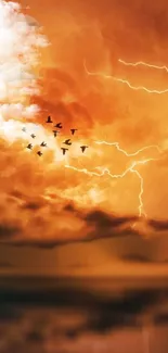 Mobile wallpaper with orange sky, lightning, and flying birds.