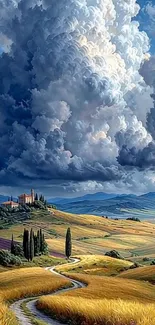 A dramatic sky over tranquil fields and a winding path.