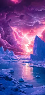 Dramatic pink clouds over icy landscape.