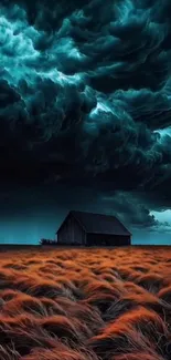 Dark stormy sky over a lonely cabin in a field.