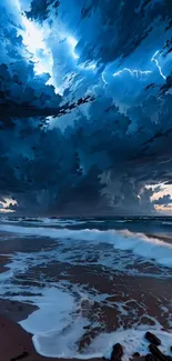 Dramatic cloudy sky over ocean waves on beach.