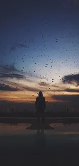 Silhouette against a vibrant dusk sky with scattered clouds and reflections.